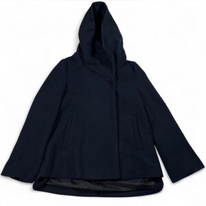 Zara Woman Navy Wool Blend Double Breasted Luxury Hooded Coat Pockets Women XS